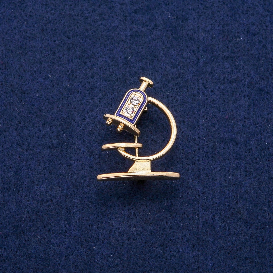 Microscope Brooch with Enamel and Crystals 24×31 mm, Golden Metal