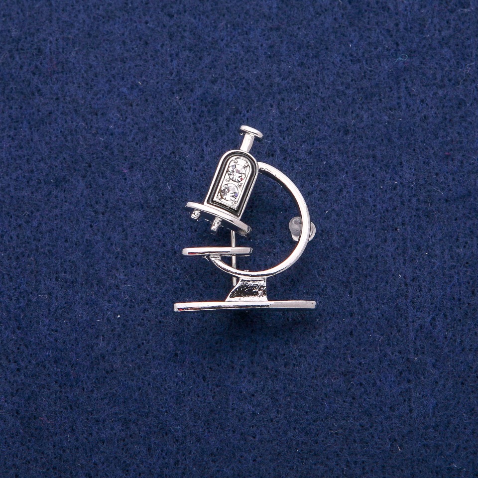 Microscope Brooch with Enamel and Crystals, 24×31 mm, Silver Metal