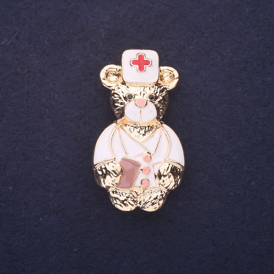 Bear Doctor Brooch Enamel White-Red
