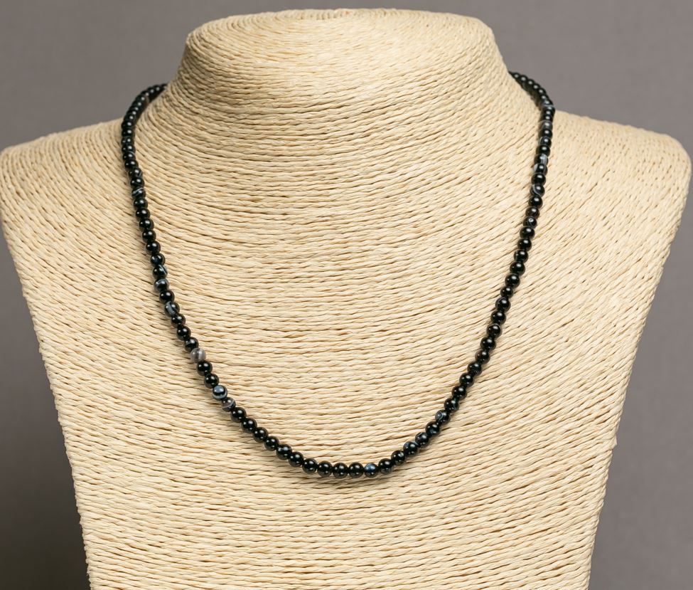 Black Agate Bead Necklace with Smooth Beads, 4 mm Diameter, 46–48 cm Length+