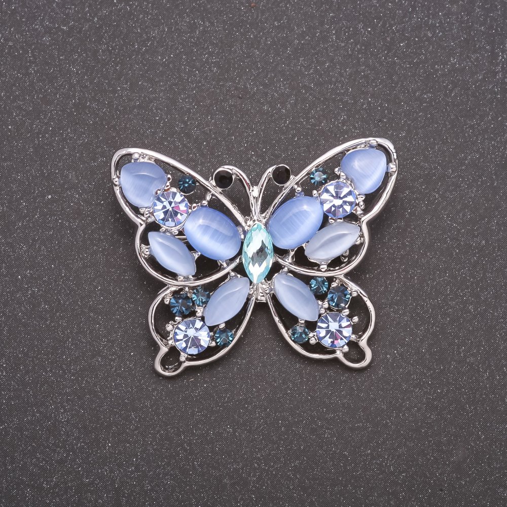 Blue Cat's Eye Butterfly Brooch, Gray Metal Finish, 37×30 mm