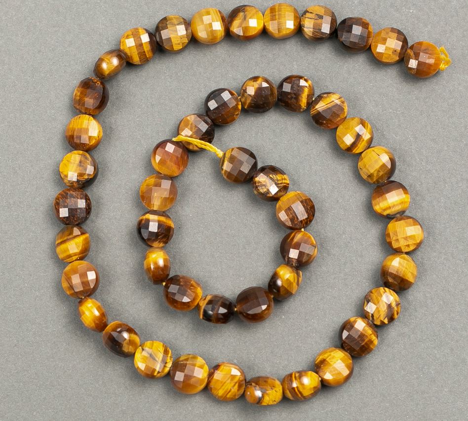 Tiger's Eye natural stone thread with faceted coin bead, 8x6 mm diameter, 39 cm length +