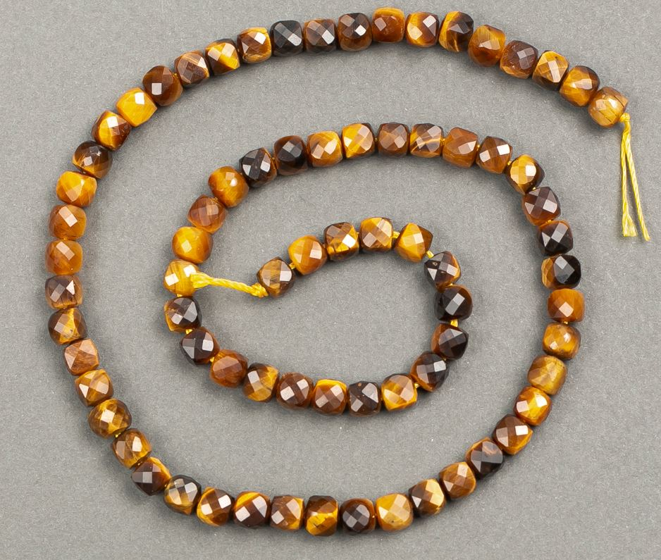 Tiger's Eye Beads on Thread, Faceted Cube 5x5 mm, Length 39 cm +