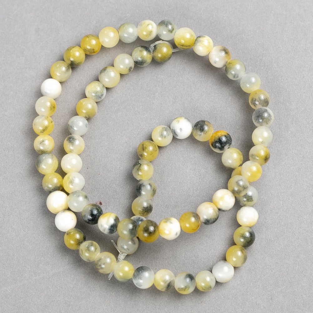 Yellow-gray-white acrylic beads on beading line, smooth round beads, 6 mm diameter, approx. 40 cm length