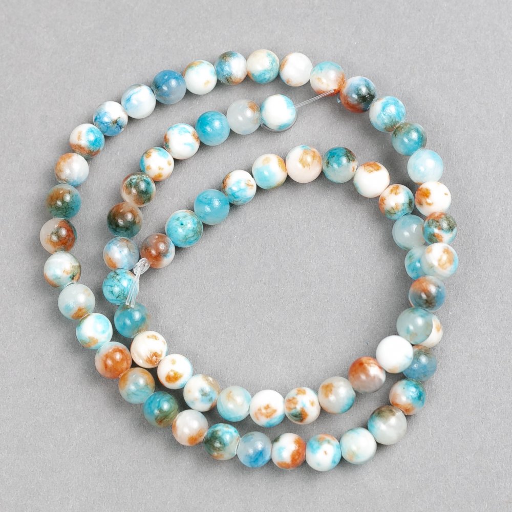Beads white-blue-brown 'Agate' (Acrylic) on thread, smooth round bead, 6mm diameter ±, length 40cm ±