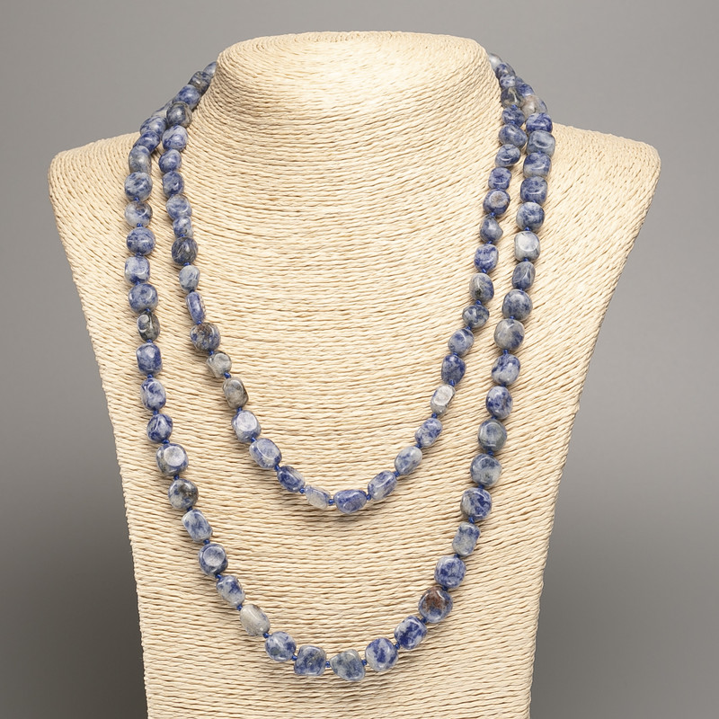 Long sodalite gemstone necklace, faceted, bead diameter 5×8–10 mm, length 110 cm