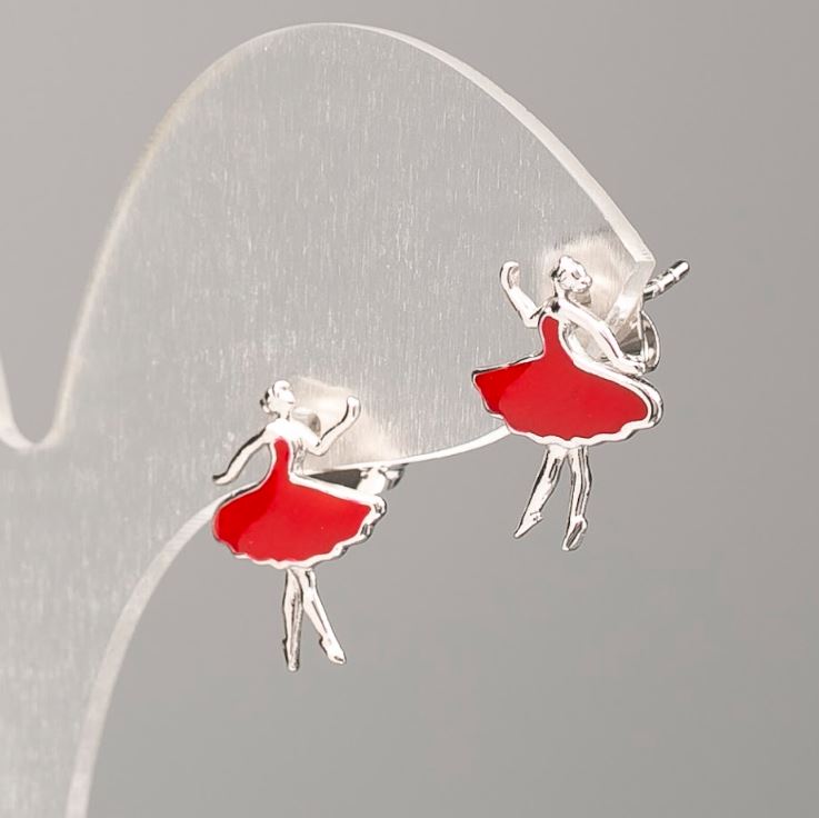 Xuping ball stud earrings, silver metal with red enamel, 15x11mm