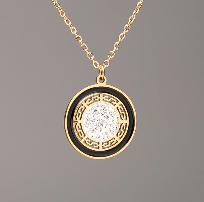 Chain with Lemon Gold Plating and Pendant, Xuping, 18mm Diameter +/- (Black Enamel, White Crystals), Length 46-52 cm +/-, Thickness 1.5 mm