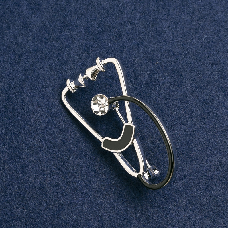 Stethoscope Brooch, Black Enamel with White Stone, Silver Metal 43x24 mm