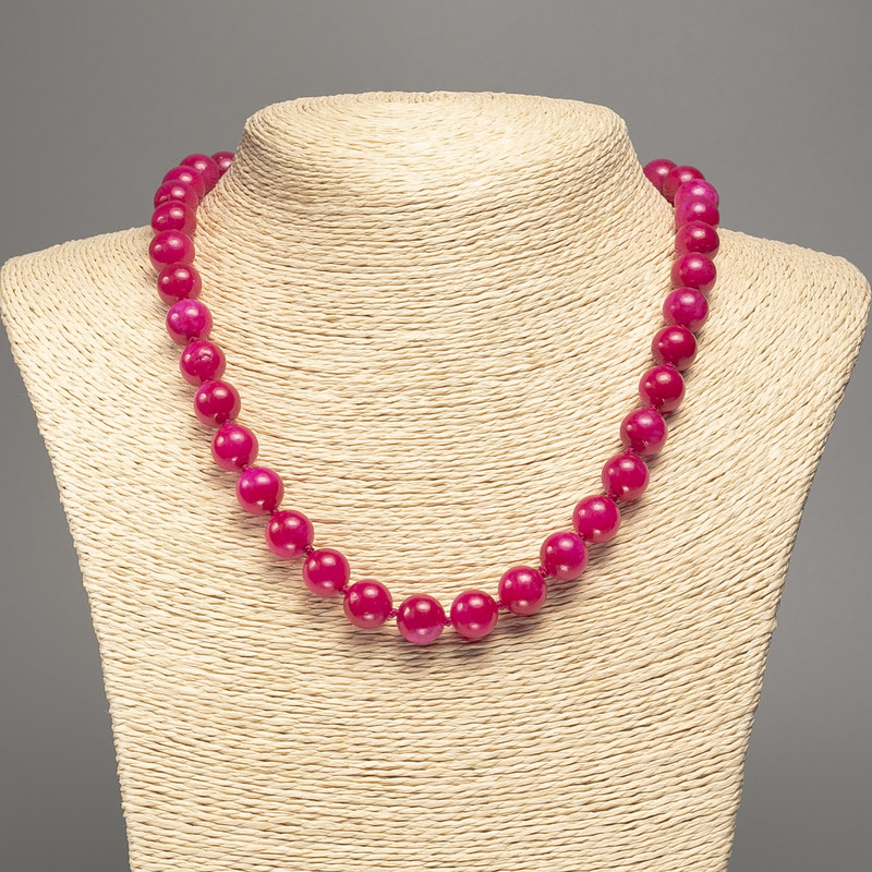 Raspberry Tourmaline Necklace with Smooth Beads, 10 mm Diameter, 50 cm Length, White Nephrite (Synthetic Dyed)