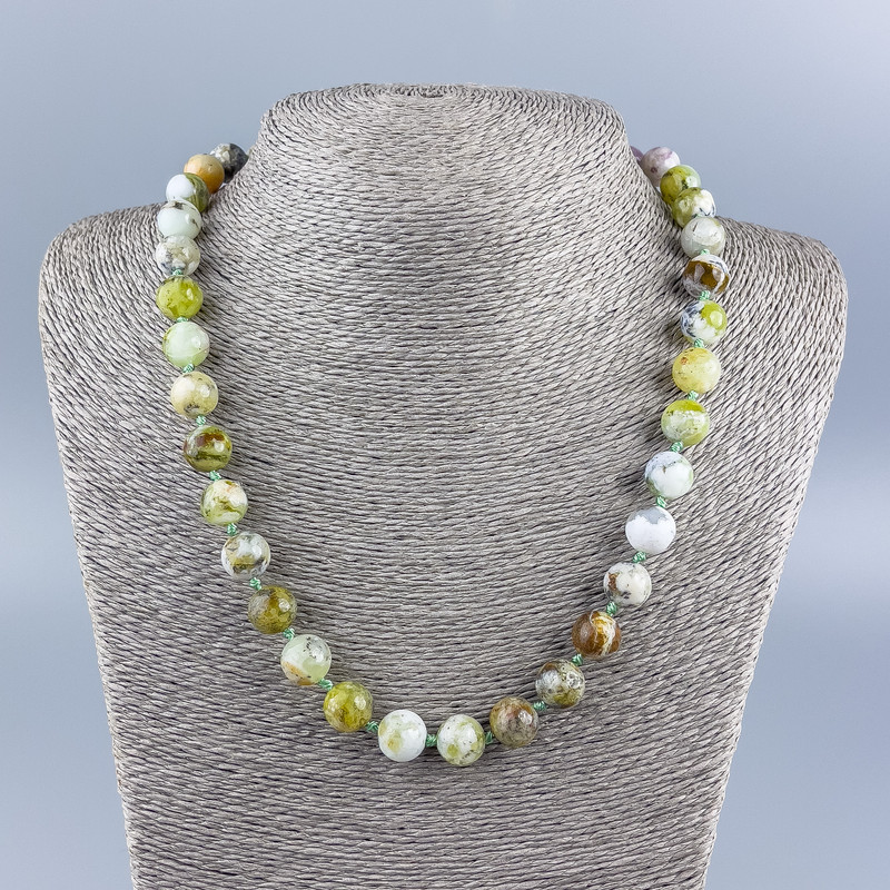 Necklace with natural green opal, smooth beads, 10mm diameter, 50cm length +