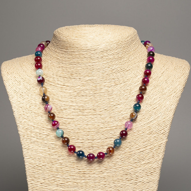 Multicolor Agate Natural Stone Necklace with Smooth Beads, 8 mm Diameter, 50 cm Length +