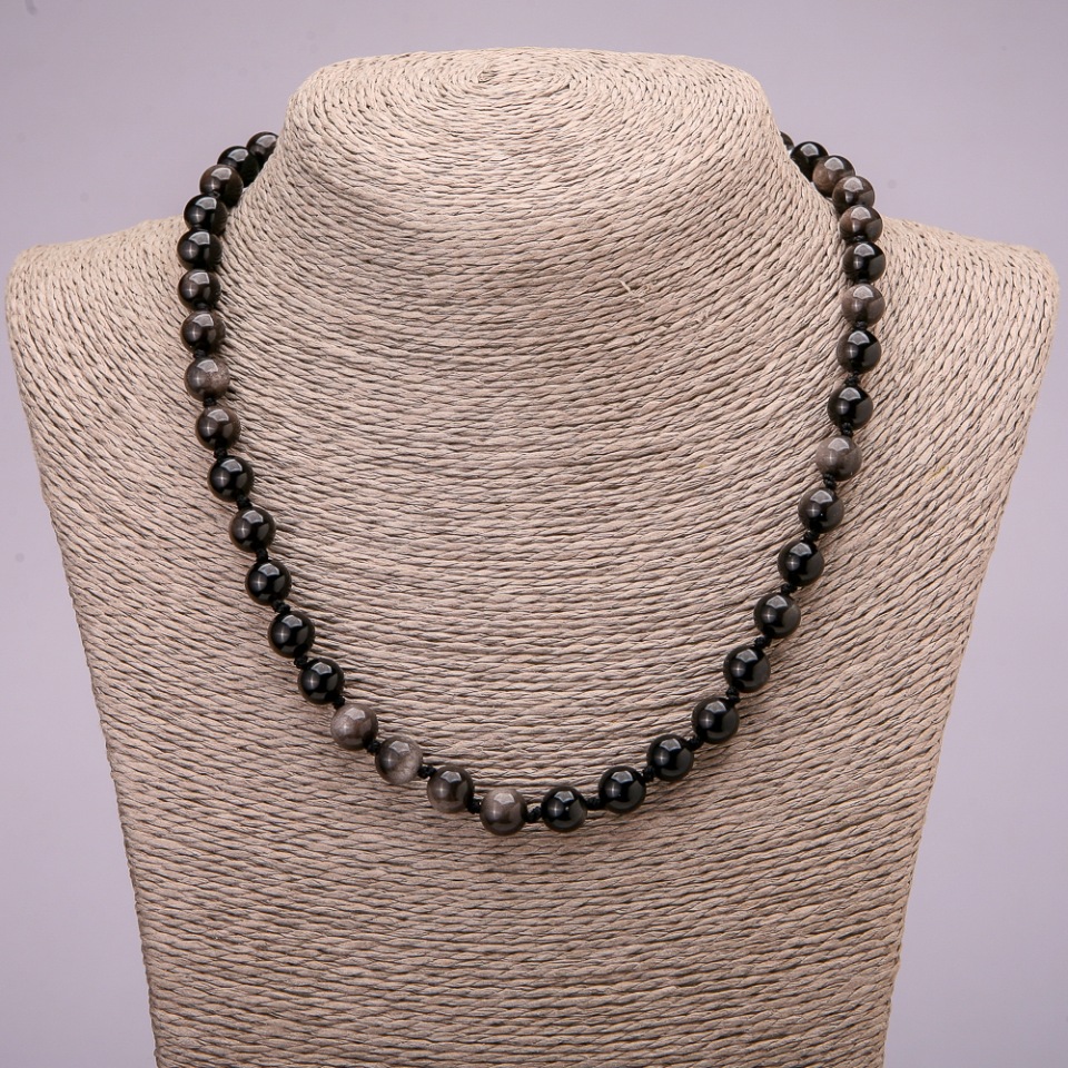 Natural stone necklace: Silvery Obsidian smooth beads, 8(±)mm diameter, 45 cm length +