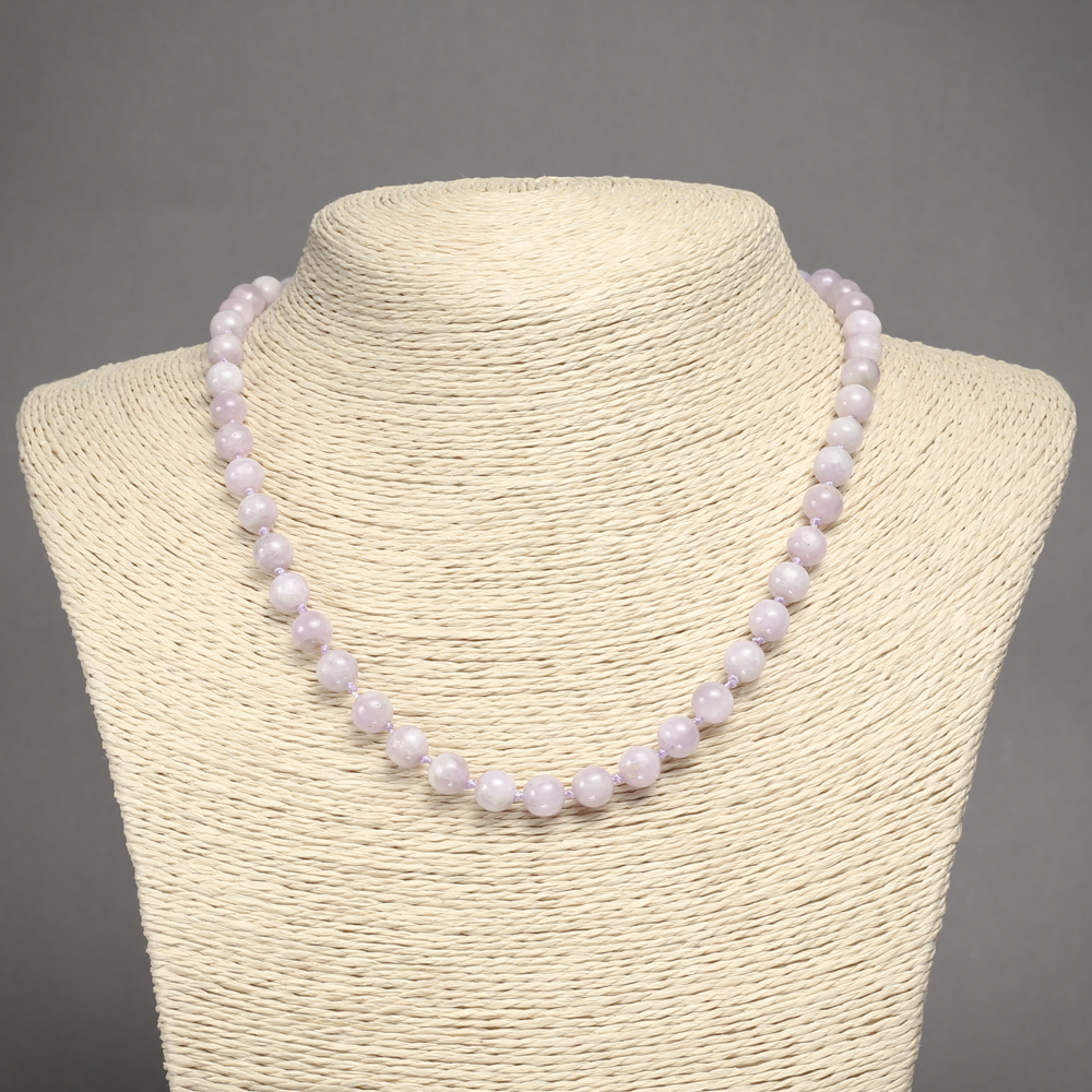 Natural Kunzite gemstone necklace with smooth round beads, 7.5 mm diameter, 45 cm long