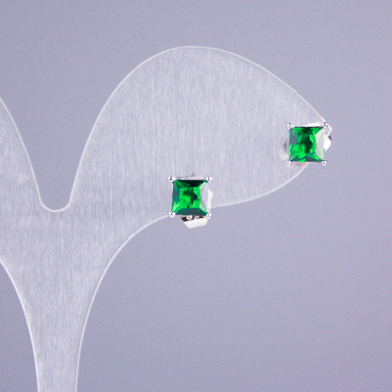 Xuping Rhodium-Plated Stud Earrings with Green Stones 5x5mm Square +-, length 16mm+