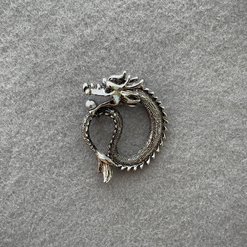 Dragon with Pearl Brooch-Pendant in Silver Metal 40x34 mm +