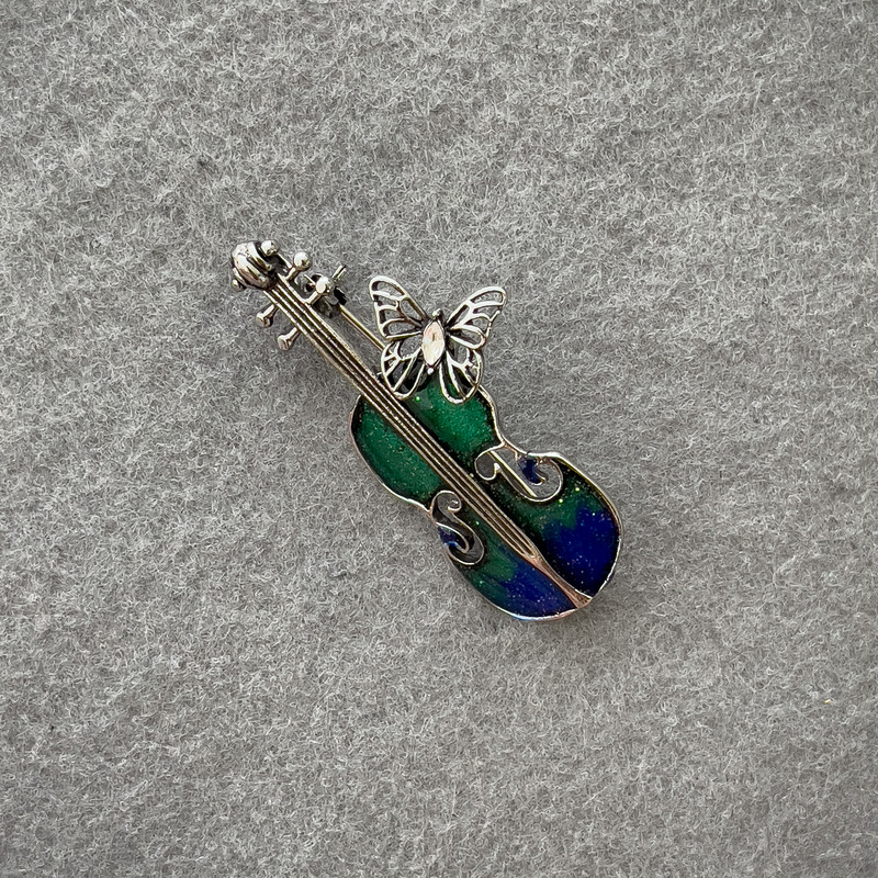Brooch Violin with light blue and blue enamel and crystals, silver metal 47x24 mm+