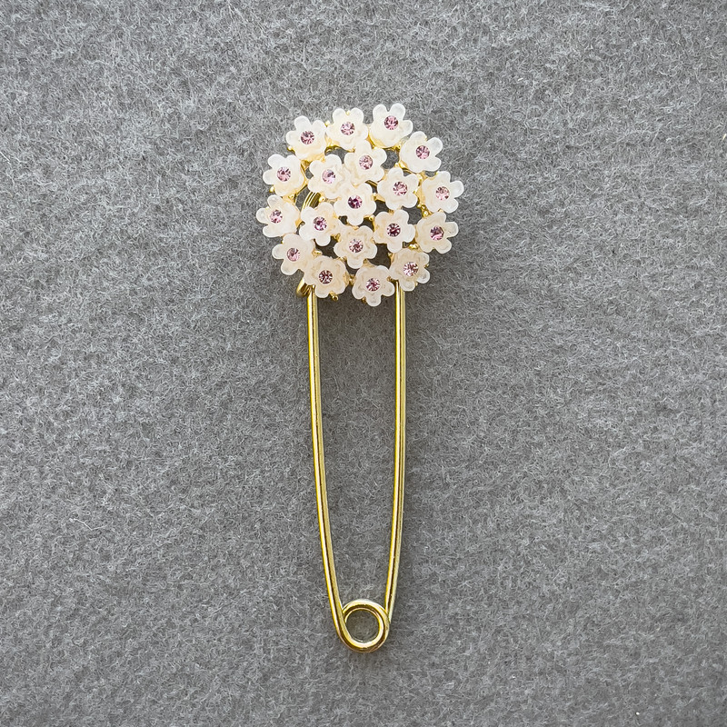 Hydrangea Brooch White with Pink Rhinestones Gold-Tone Metal 78x28mm+