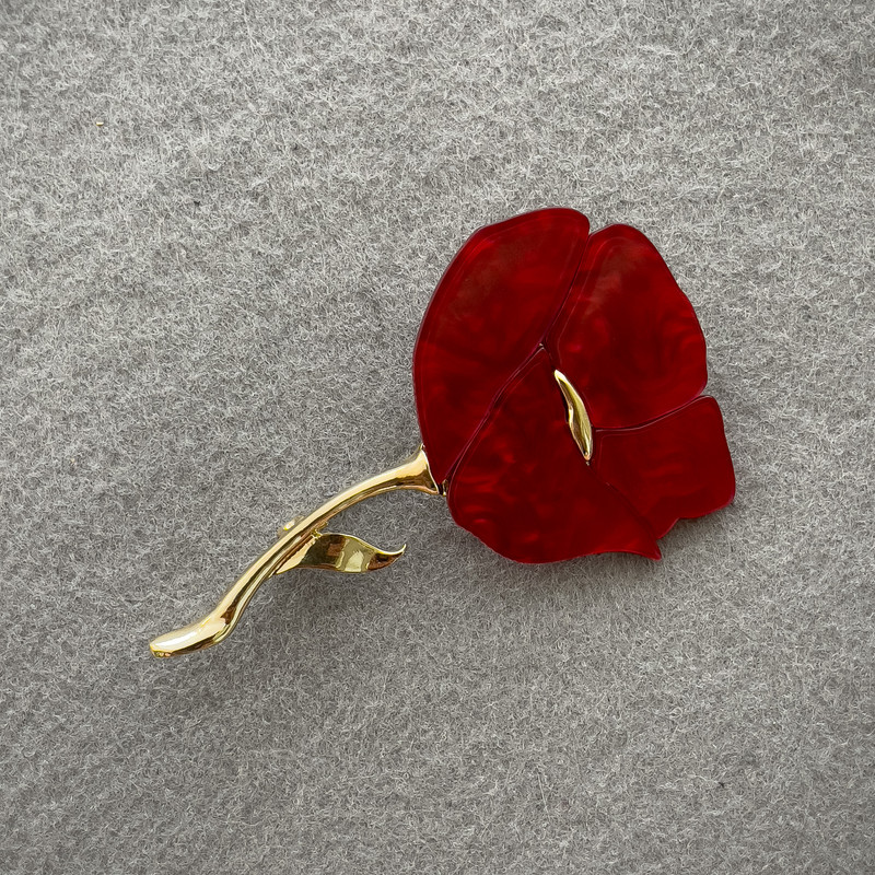Brooch Red Pearlescent Poppy Gold-Tone Metal 76x46 mm+