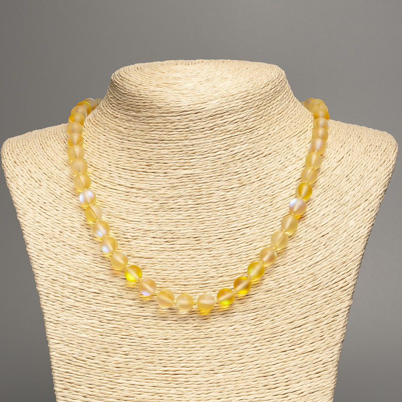 Opal Glass Necklace in Yellow Matte Chameleon, Smooth Beads, 8 mm Diameter, 49 cm Length