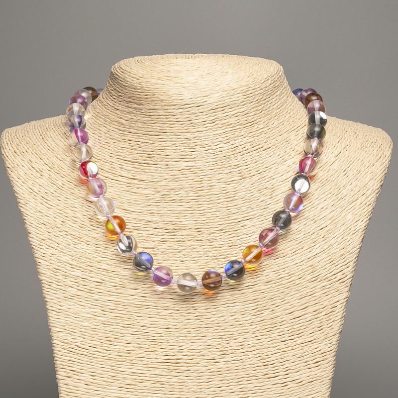 Opal Glass Necklace, Multicolor Smooth Bead, 10 mm Diameter, 49 cm Length