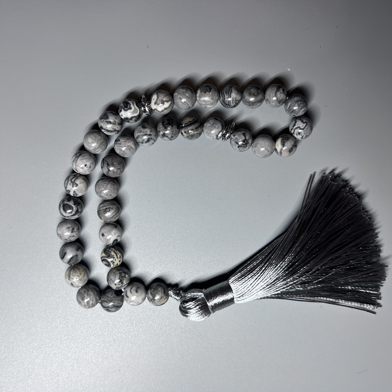 Prayer beads Gray Ocean Jasper (synthetic acrylic) smooth beads, 8 mm diameter, 33 beads, with metal inserts
