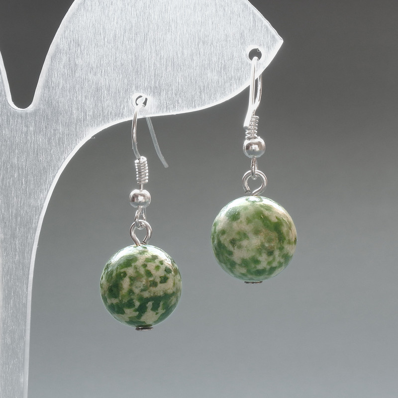 Moss Agate Earrings - Smooth Bead, 12.5 mm diameter, 33 mm length