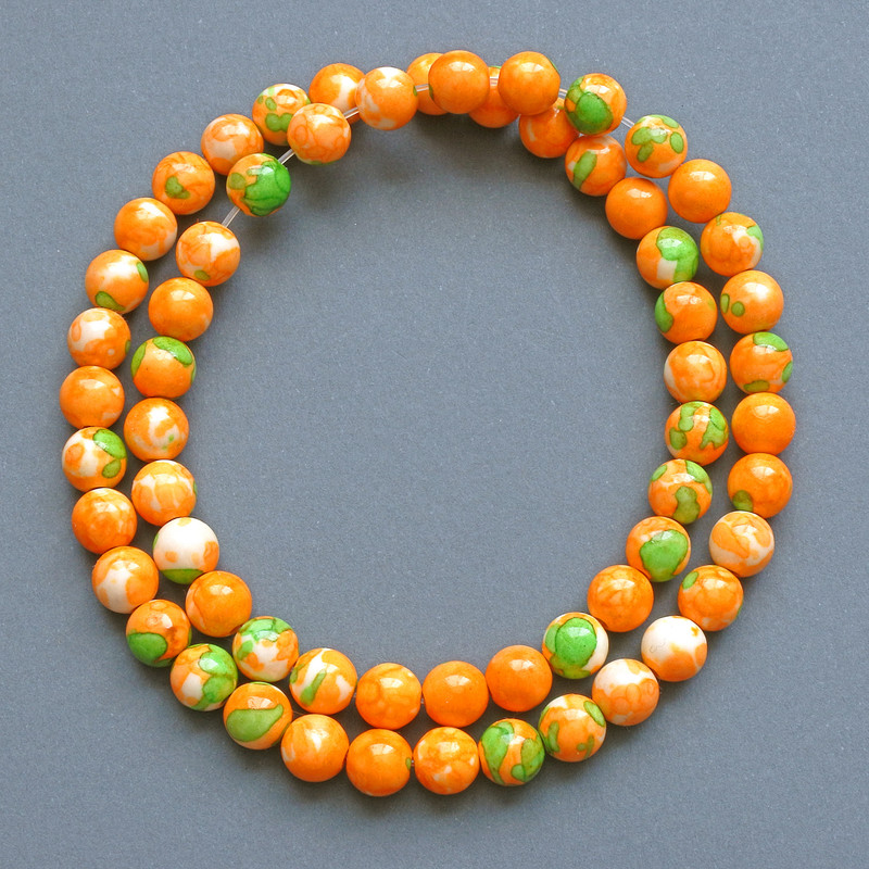 Beads 'Variscite' (artificial acrylic) green, orange and white smooth round beads, 7mm diameter, 40cm length on thread