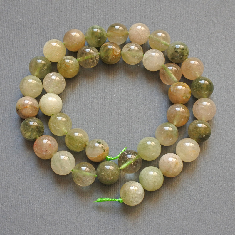 Beads Phantom Quartz with Rutile, natural stone, smooth sphere, 10mm diameter, 39cm long on thread